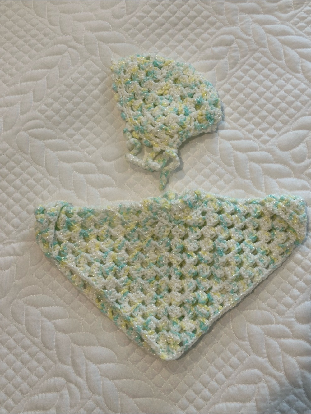 Vintage Handmade Baby Crochet Bonnet and Bandana Bib - White with Yellow & Aqua